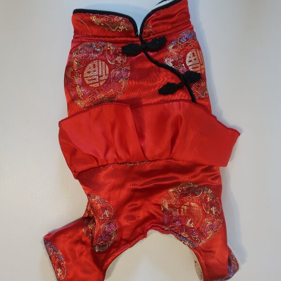 Pets Dog Costume Sherpa Lined Red Satin Floral Asian Brocade Jacket L - Picture 1 of 9